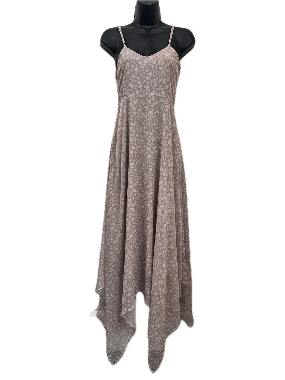Mia Joy Athena XS Taupe Floral Handkerchief Hem Midi Dress Boho Cottagecore